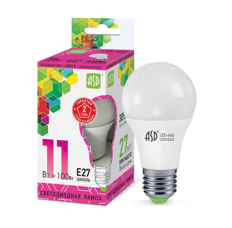 картинка Лампа светодиодная LED-A60-standard 11Вт грушевидная 230В E27 6500К 990Лм ASD 4690612014197 от магазина ПСФ Электро